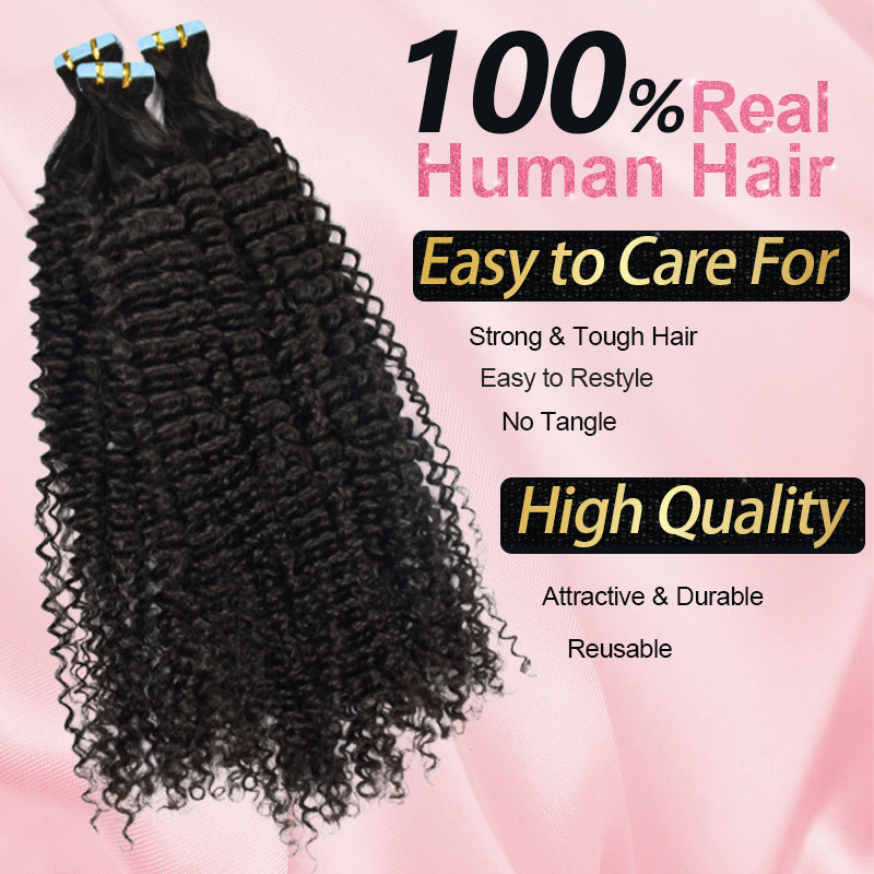 #1B Kinky Curly Tape in Hair  Extensions 20pcs 50g/pack Seamless Skin Weft Hair | 100% Human Hair | BORUIHAIR