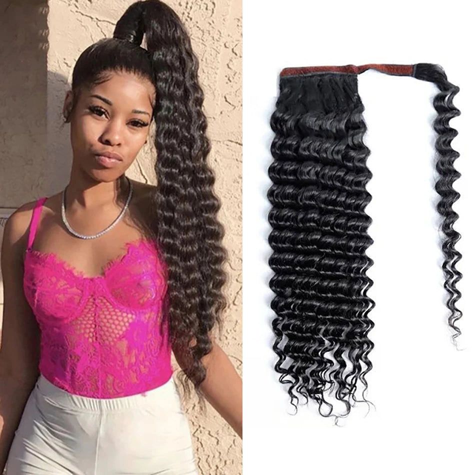 Deep Wave 12A Warp Around Ponytails 100% Human Hair Ponytails