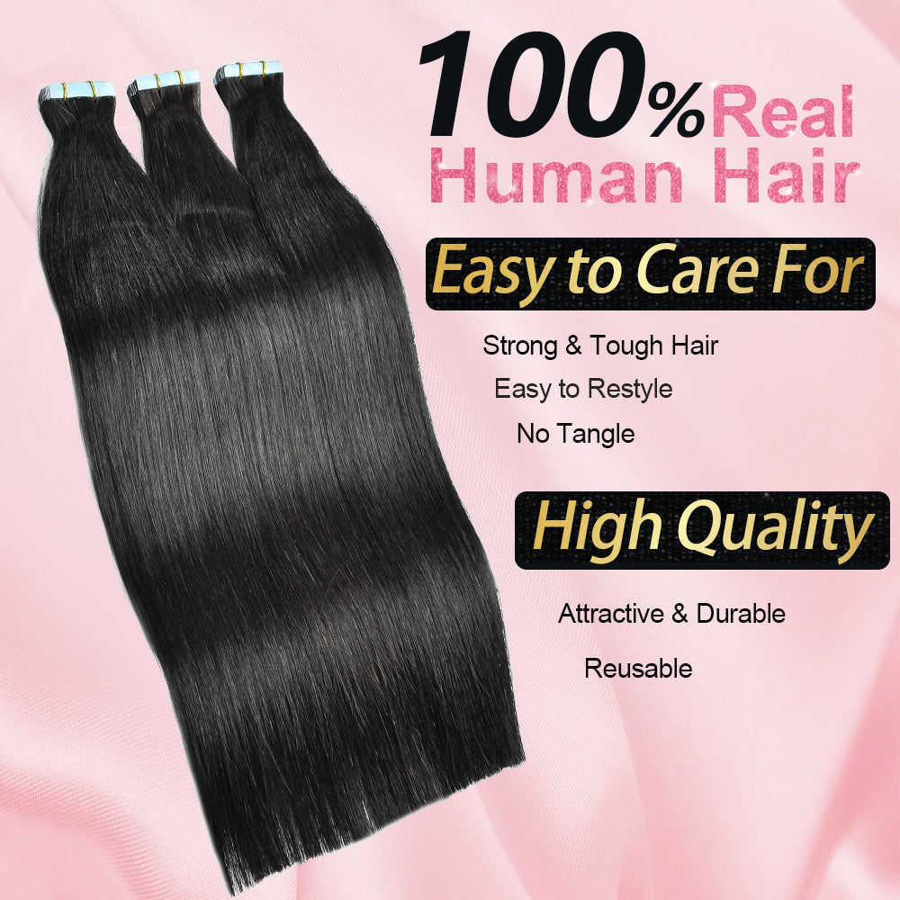 #1B Straight Tape in Hair  Extensions 20pcs 50g/pack Seamless Skin Weft Hair | 100% Human Hair | BORUIHAIR