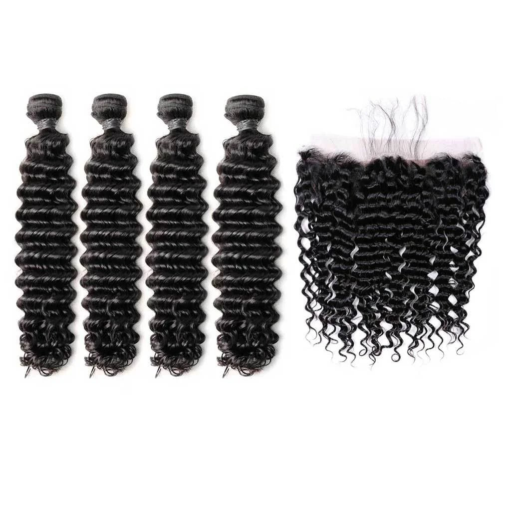 Deep Wave 4PCS Bundles & 1PC 13x4 Lace Frontal | Transparent & HD Lace | 100% Human Hair | Top Virgin Hair