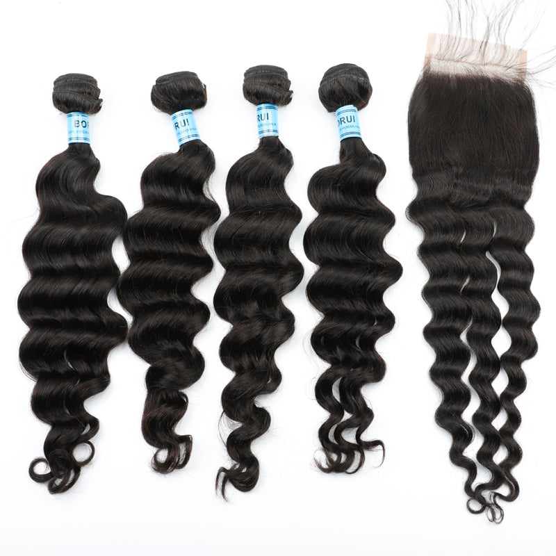 Natural Wave 4PCS Bundles & 1PC Closure or Frontal – 5x5, 13x4 & 13x6 | 100% Human Hair | Transparent Lace Wig | Boruihair