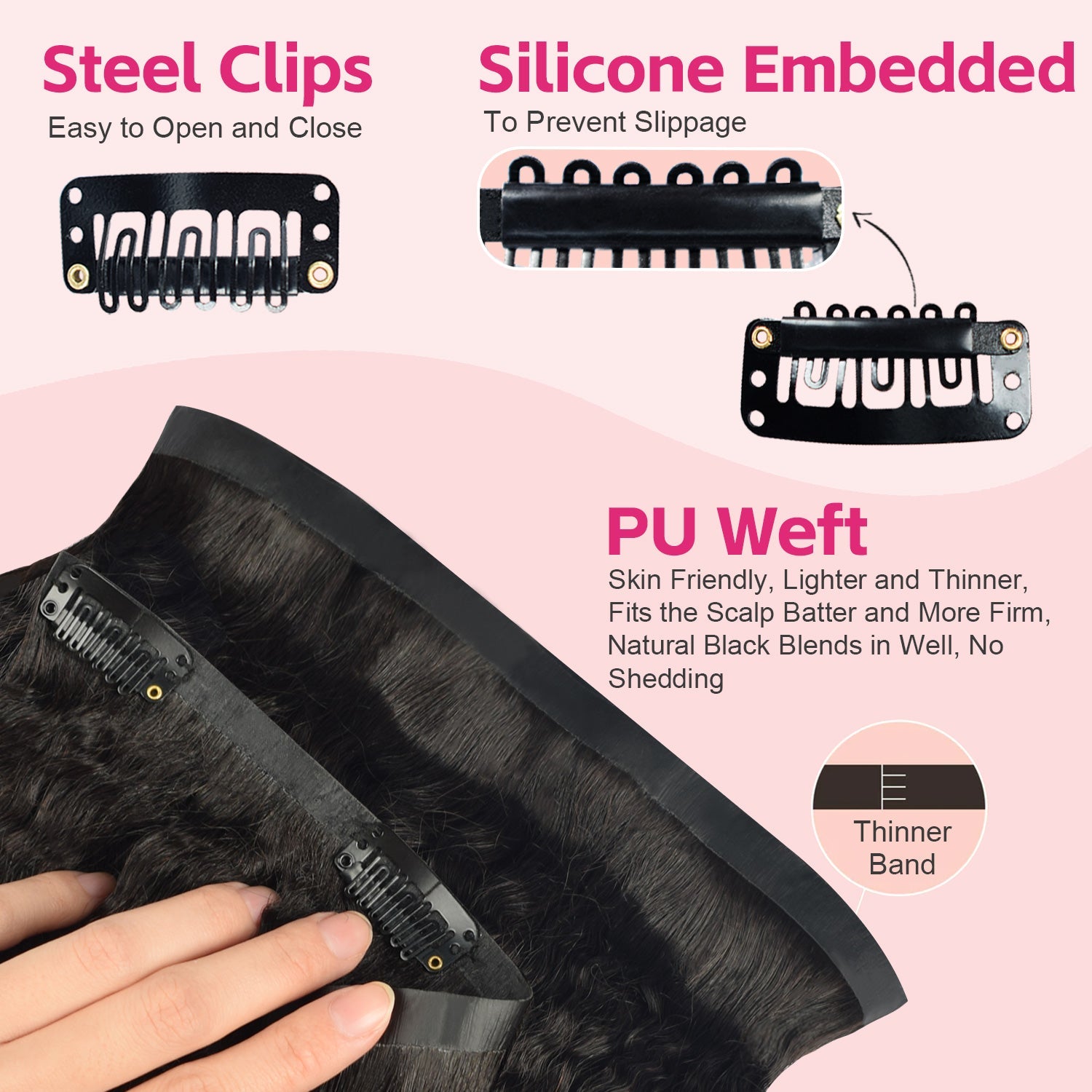 #1B Kinky Straight | Clip in Hair | 6Pcs 100g | PU Seamless Clip ins | Extensions Real Human Hair | boruihair