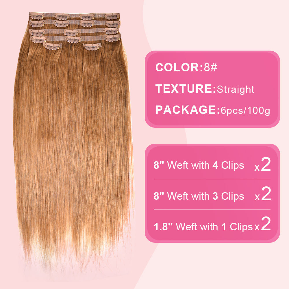 #8 Straight |6Pcs 100g | PU Seamless Clip ins Hair | 100% Human Hair | boruihair