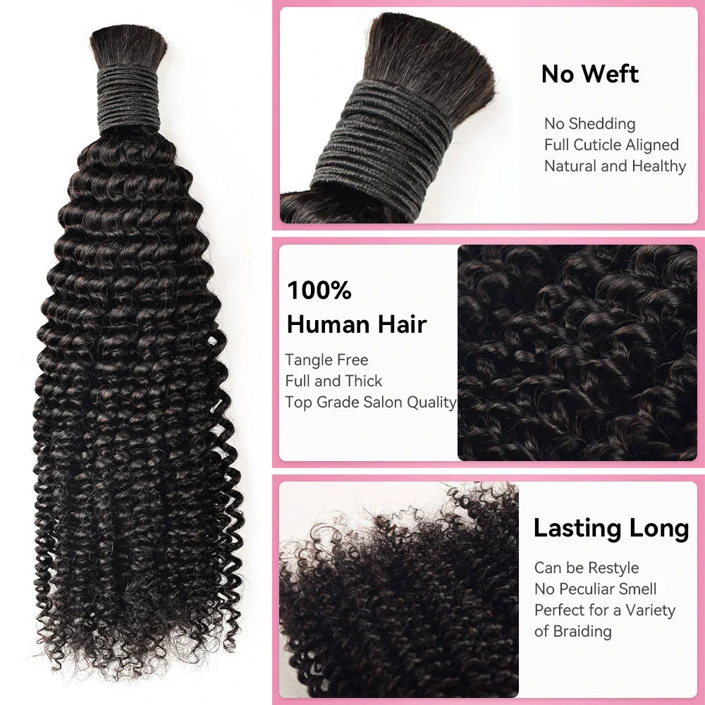 #1B Natural Black Boho Braids Kinky Curly No Weft Bulk Hair for Human Hair BORUIHAIR
