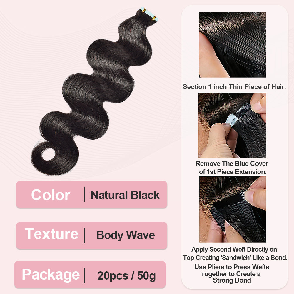 #1B Body Wave Tape in Hair  Extensions 20pcs 50g/pack Seamless Skin Weft Hair | 100% Human Hair | BORUIHAIR
