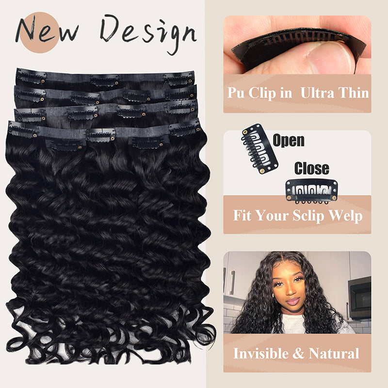 #1B Deep Wave | 6Pcs 100g | PU Seamless Clip ins Hair | 100% Human Hair | boruihair