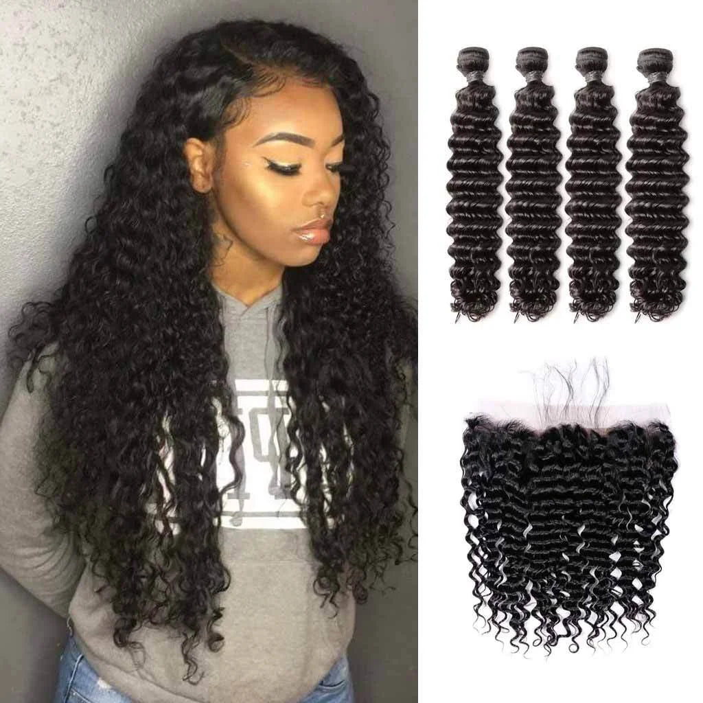 Deep Wave 4PCS Bundles & 1PC 13x6 Lace Frontal | Transparent & HD Lace | 100% Human Hair | Top Virgin Hair