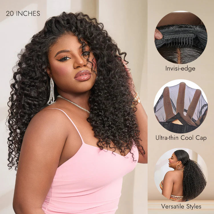 Super Double Drawn Pixie Curly Drawstring Wigs Easy To Wear & Go 3/4 Flip Over Half Wig Glueless Human Hair