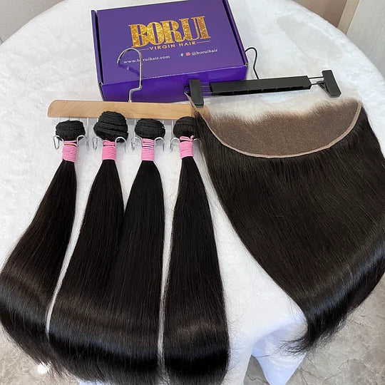 Straight 4PCS Bundles & 1PC Closure or Frontal – 5x5, 13x4 & 13x6 | 100% Human Hair | Transparent Lace Wig | Boruihair