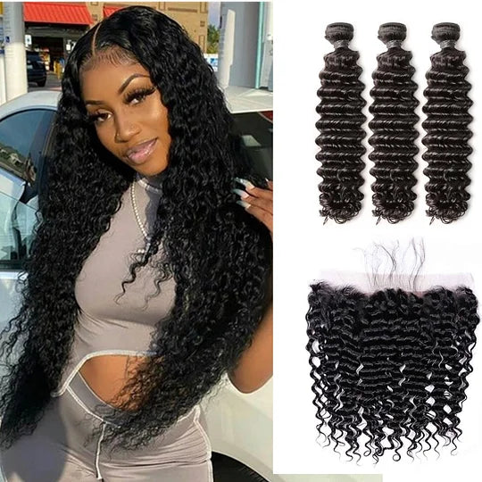 Deep Wave 3PCS Bundles & 1PC 13x6 Lace Frontal | Transparent & HD Lace | 100% Human Hair | Top Virgin Hair
