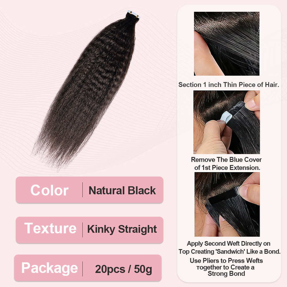 #1B Kinky Straight Tape in Hair Extensions 20pcs 50g/pack Seamless Skin Weft Hair | 100% Human Hair | BORUIHAIR