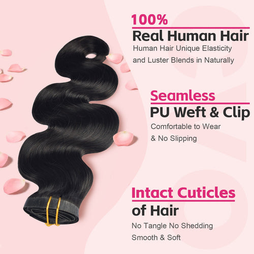 #1B 6Pcs Body Wave | PU Seamless Clip ins | Extensions Real Human Hair | boruihair