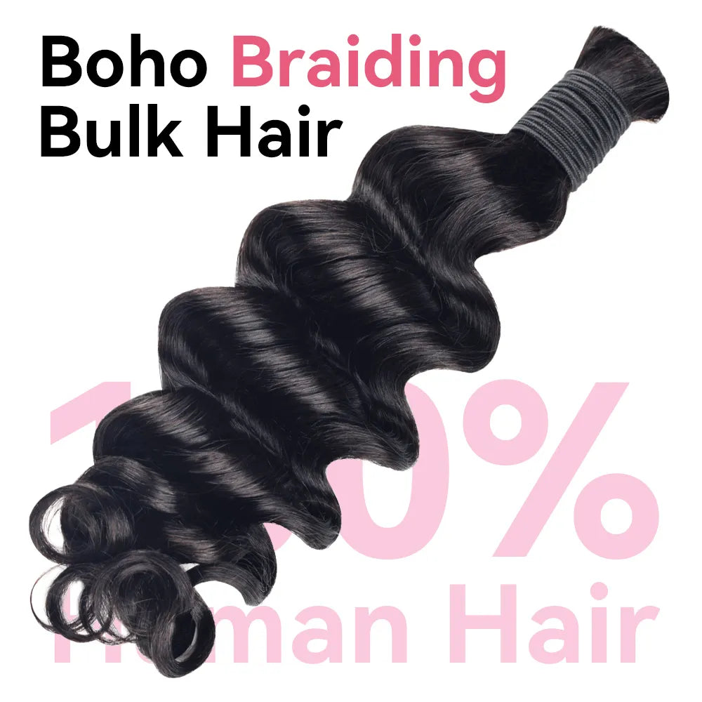 #1B Natural Black Loose Deep Wave Hair Bulk | Boho Braids | 100% Human Hair | BORUIHAIR