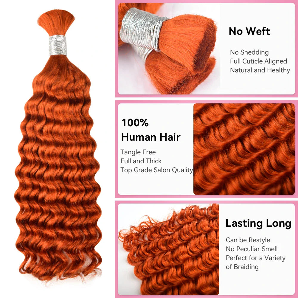 #350 Ginger Orange Deep Wave Hair Bulk | For Braiding | 100% Human Hair | BORUIHAIR
