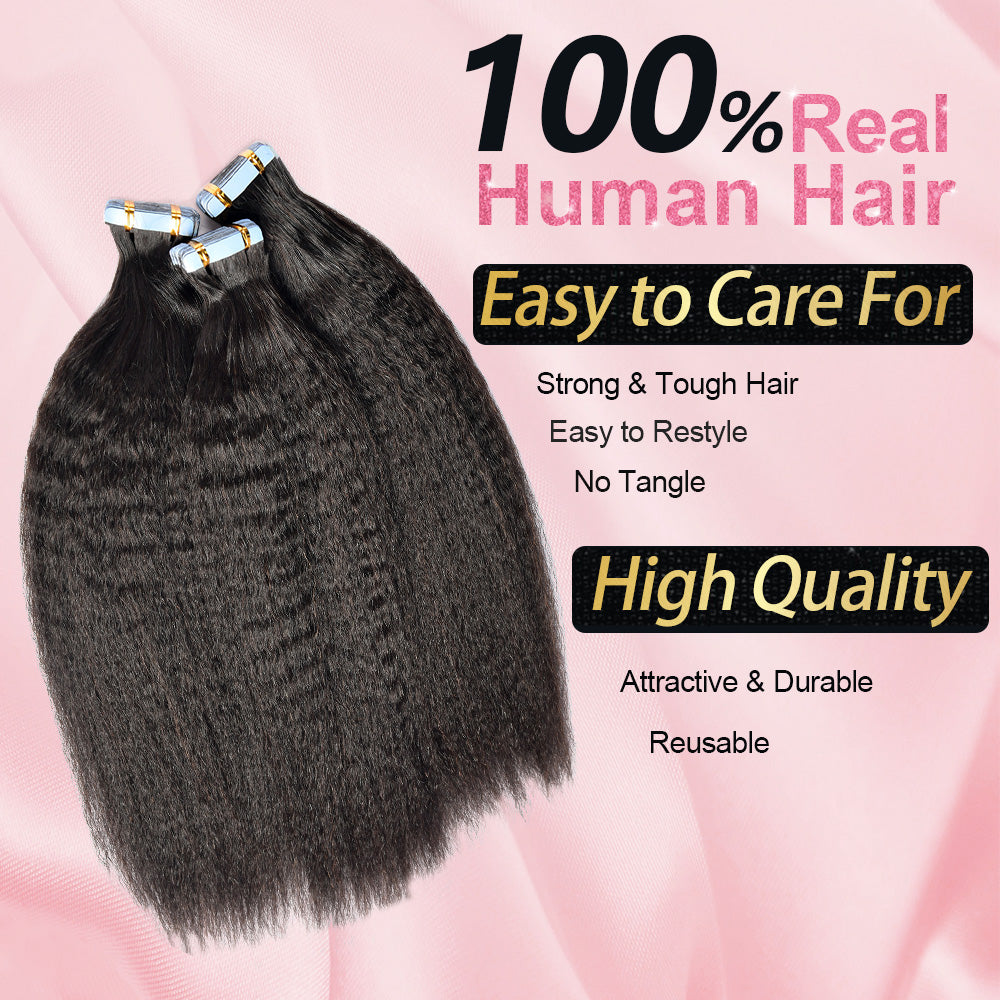 #1B Kinky Straight Tape in Hair Extensions 20pcs 50g/pack Seamless Skin Weft Hair | 100% Human Hair | BORUIHAIR