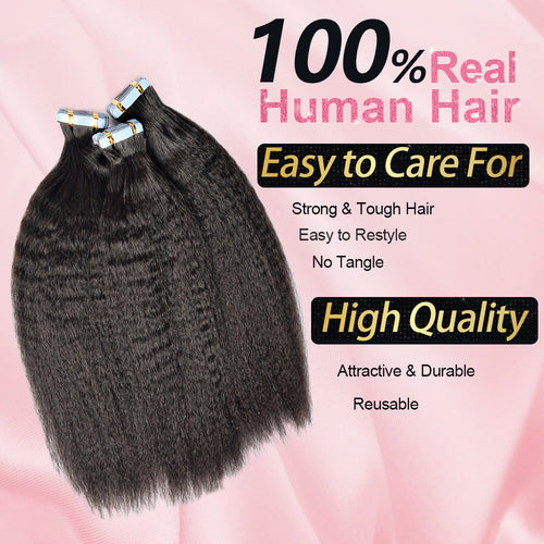 #1B Kinky Straight Tape in Hair Extensions 20pcs 50g/pack Seamless Skin Weft Hair | 100% Human Hair | BORUIHAIR