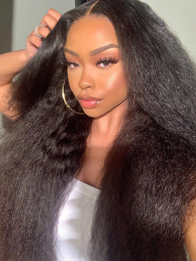 250% Density Boruihair Kinky Straight Glueless Pre‐Plucked Human Hair Wigs| V‐Part & U‐Part Options | 100% Human Hair
