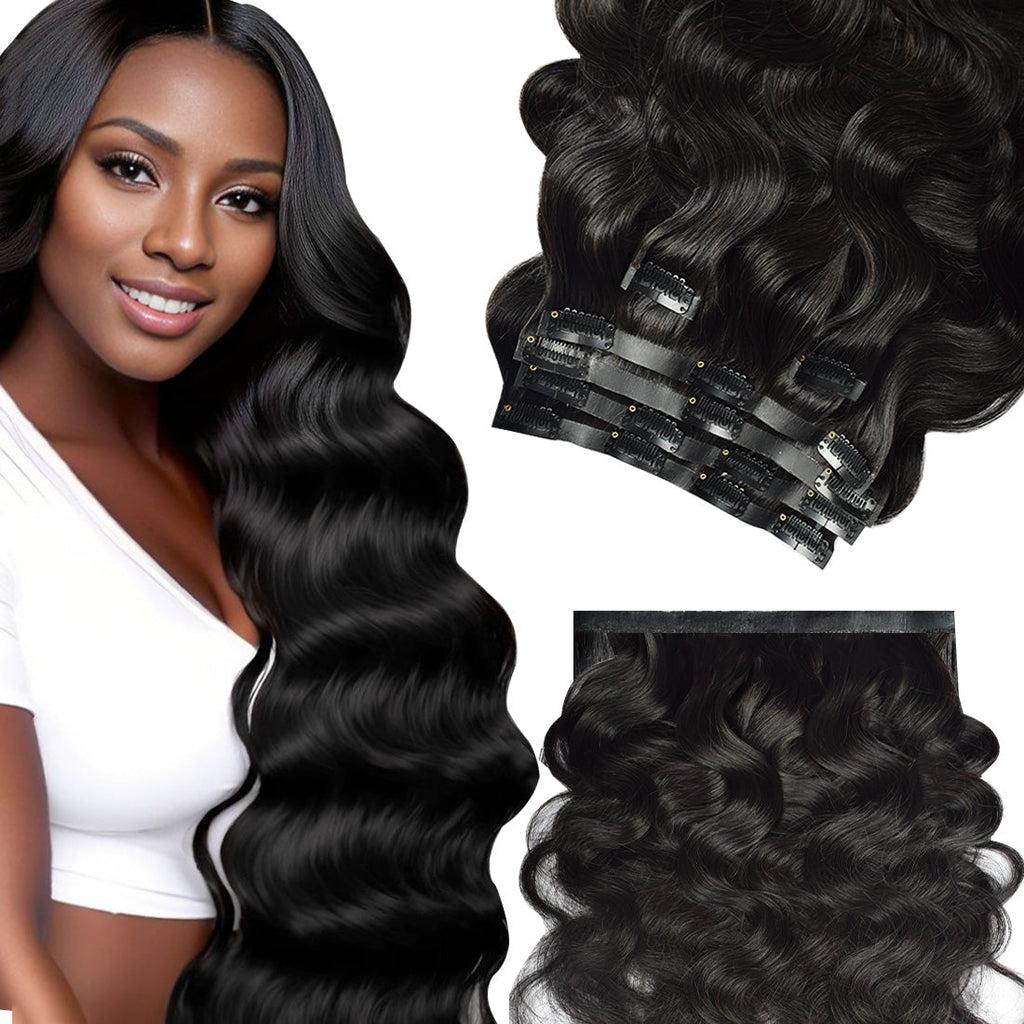 #1B 6Pcs Body Wave | PU Seamless Clip ins | Extensions Real Human Hair | boruihair