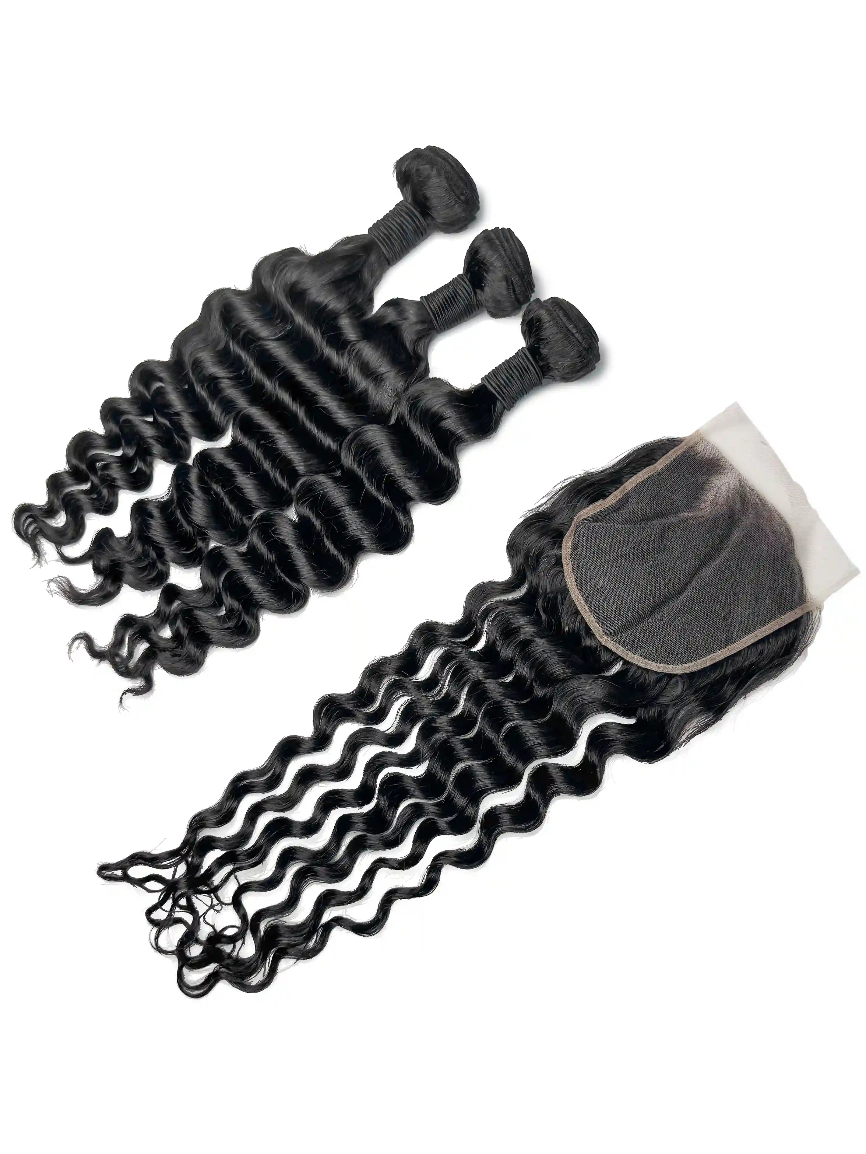Natural Wave 3PCS Bundles & 1PC 5x5 Lace Closure | Transparent & HD Lace | 100% Human Hair | Top Virgin Hair