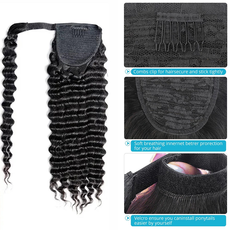 Deep Wave 12A Warp Around Ponytails 100% Human Hair Ponytails