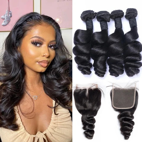 Loose Wave 4PCS Bundles & 1PC Closure or Frontal – 5x5, 13x4 & 13x6 | 100% Human Hair | HD Lace Wig | Boruihair