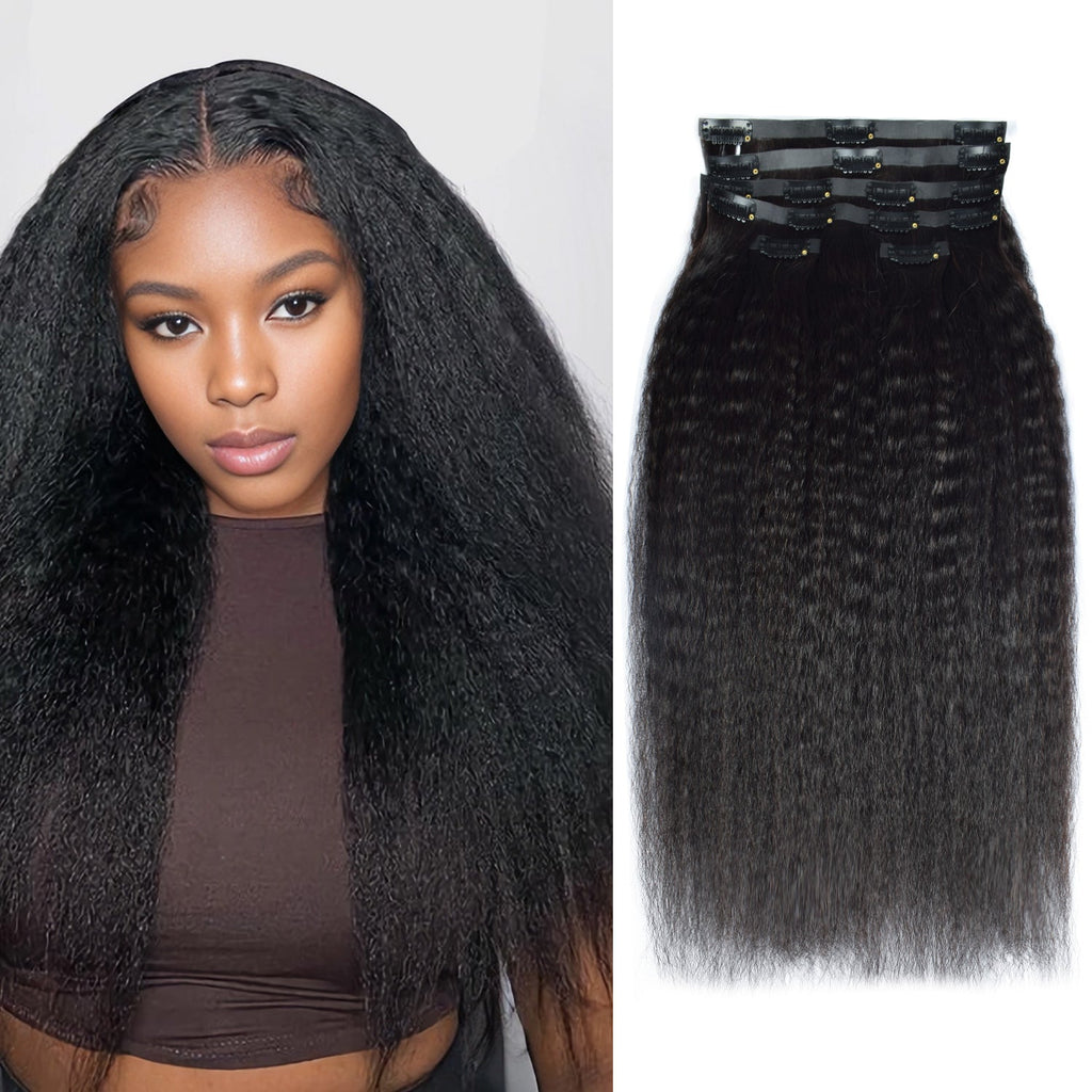 #1B Kinky Straight | Clip in Hair | 6Pcs 100g | PU Seamless Clip ins | Extensions Real Human Hair | boruihair
