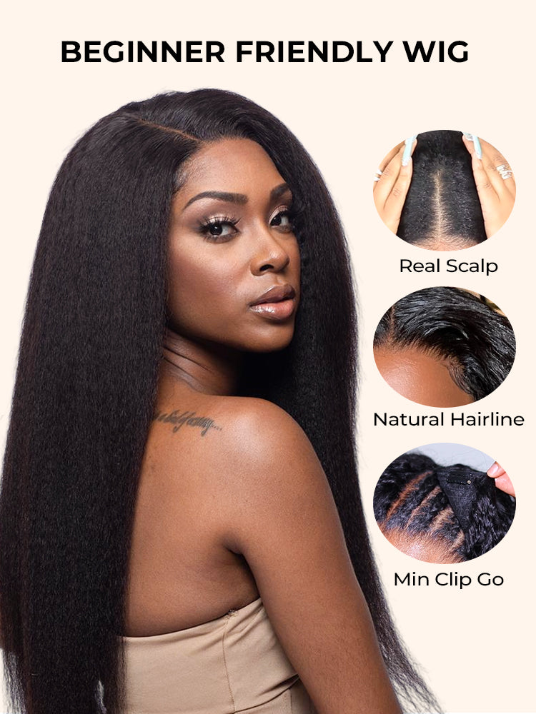 250% Density Boruihair Kinky Straight Glueless Pre‐Plucked Human Hair Wigs| V‐Part & U‐Part Options | 100% Human Hair