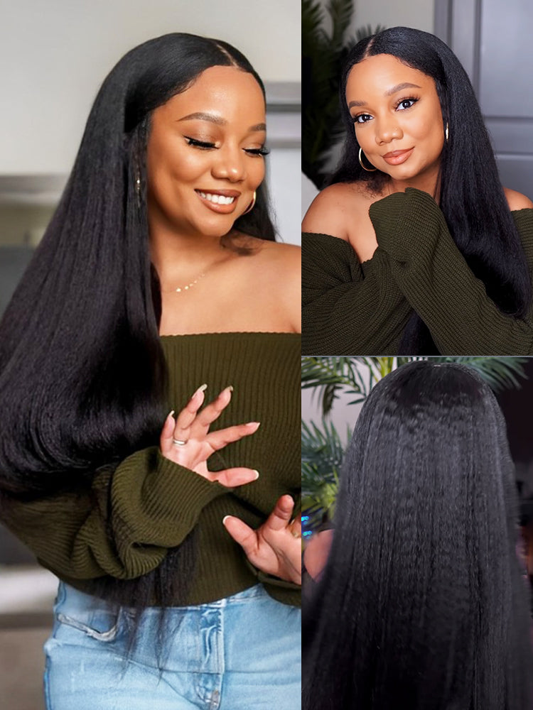 250% Density Boruihair Kinky Straight Glueless Pre‐Plucked Human Hair Wigs| V‐Part & U‐Part Options | 100% Human Hair