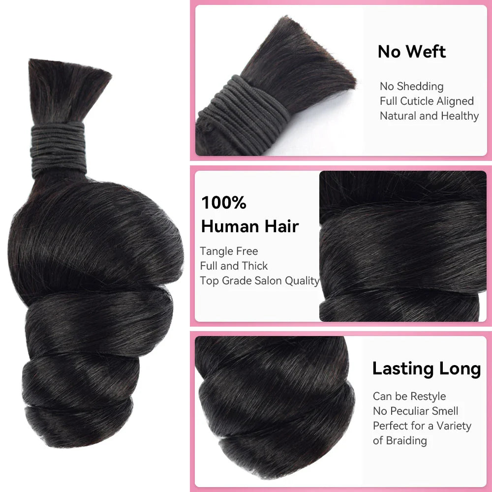 #1B Natural Black Loose Wave Hair Bulk | Boho Braids | 100% Human Hair | BORUIHAIR