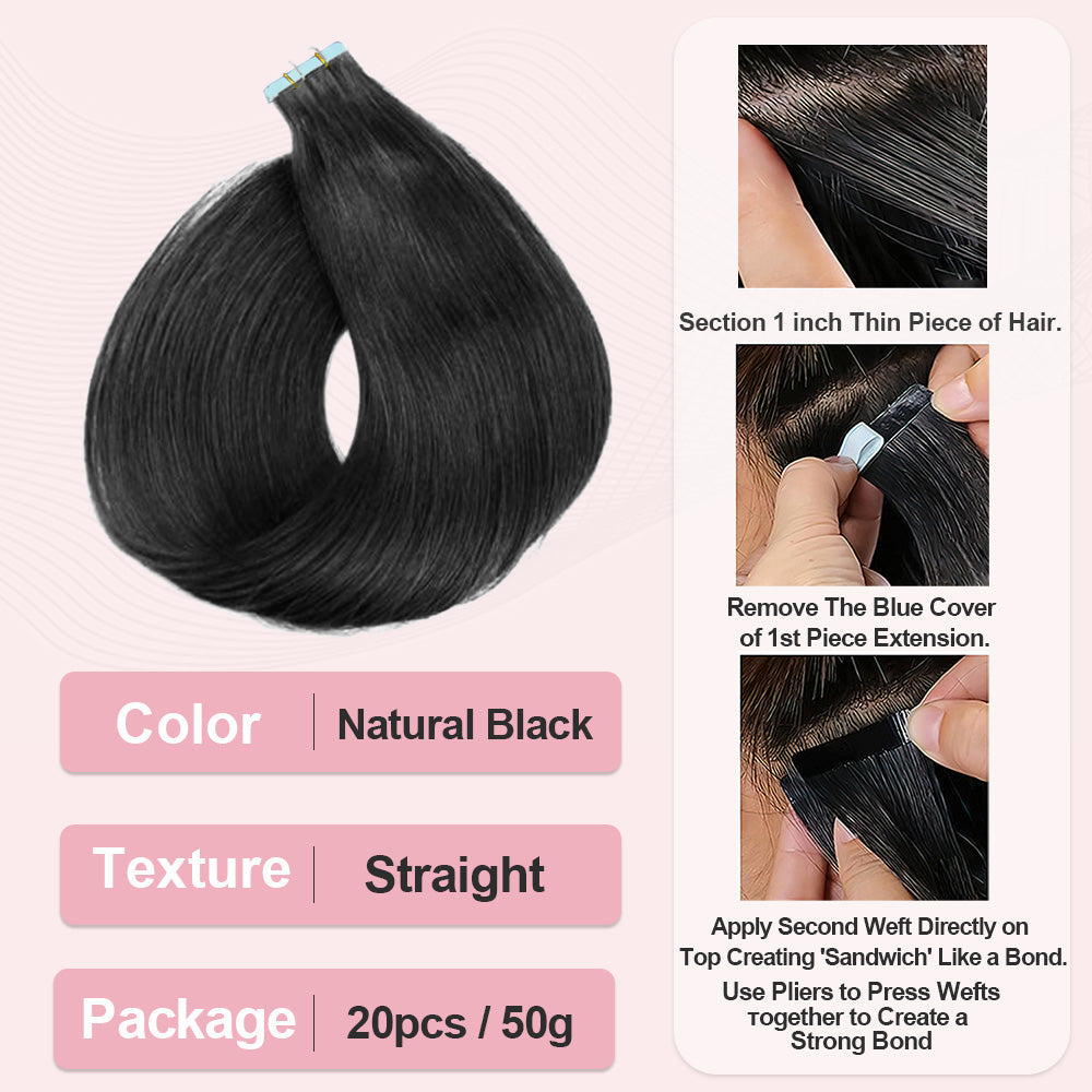 #1B Straight Tape in Hair  Extensions 20pcs 50g/pack Seamless Skin Weft Hair | 100% Human Hair | BORUIHAIR