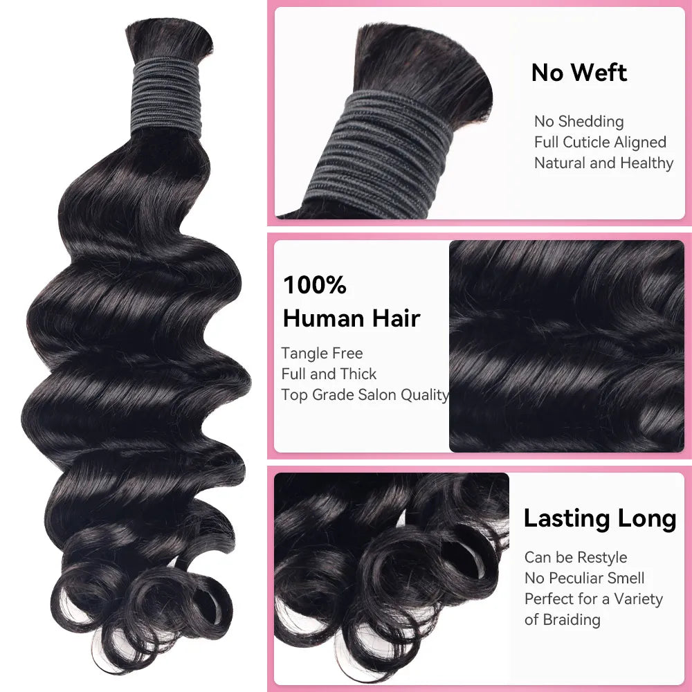 #1B Natural Black Loose Deep Wave Hair Bulk | Boho Braids | 100% Human Hair | BORUIHAIR