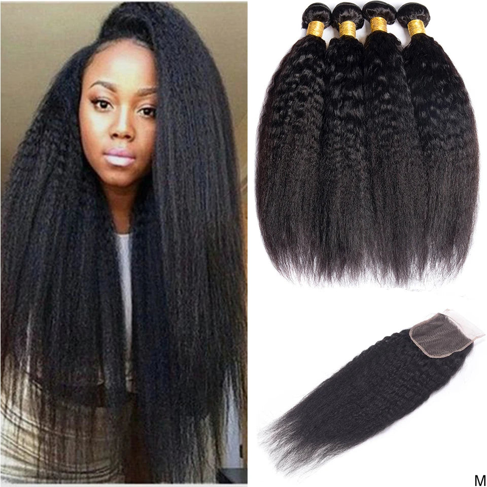 Kinky Straight 4PCS Bundles & 1PC Closure or Frontal – 5x5, 13x4 & 13x6 | 100% Human Hair | Transparent Lace Wig | Boruihair