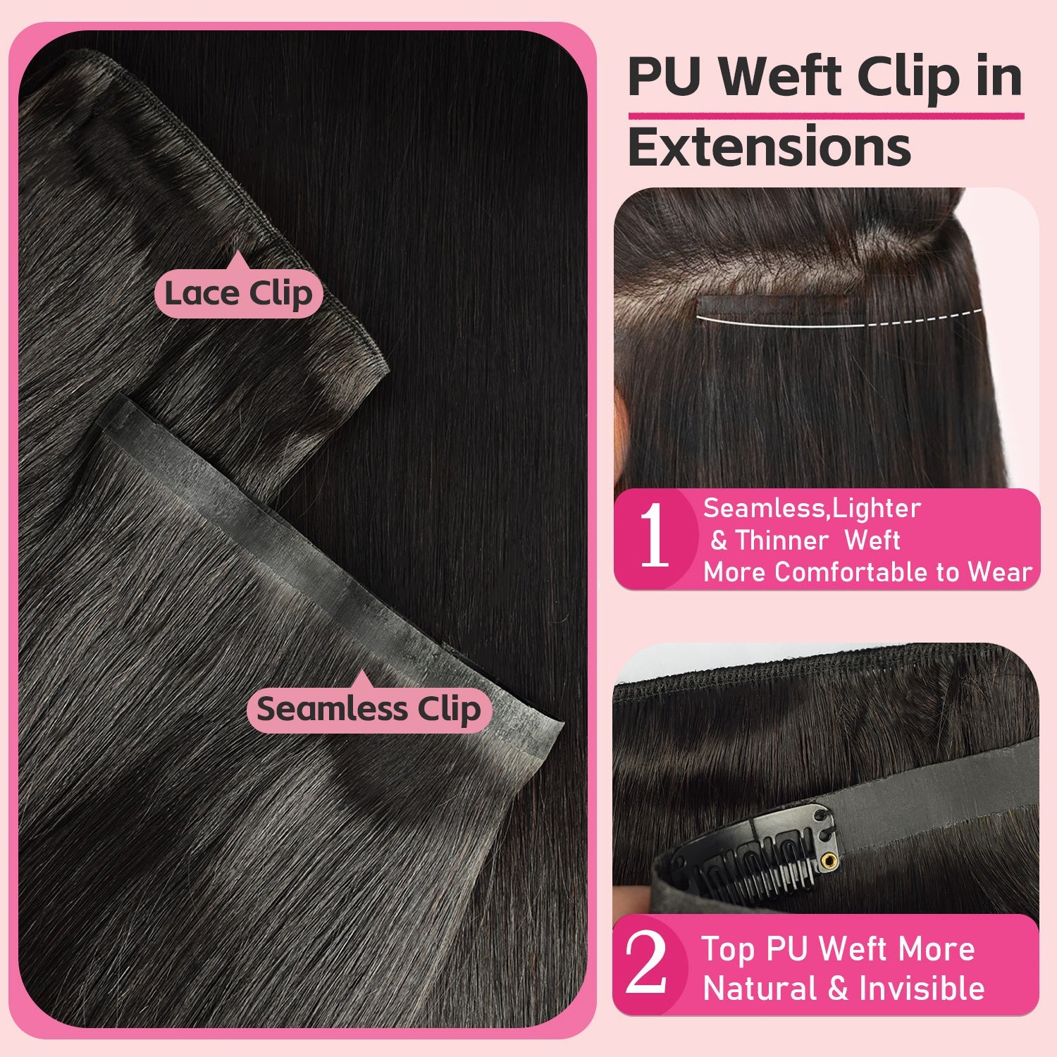 #1B 6Pcs Body Wave | PU Seamless Clip ins | Extensions Real Human Hair | boruihair