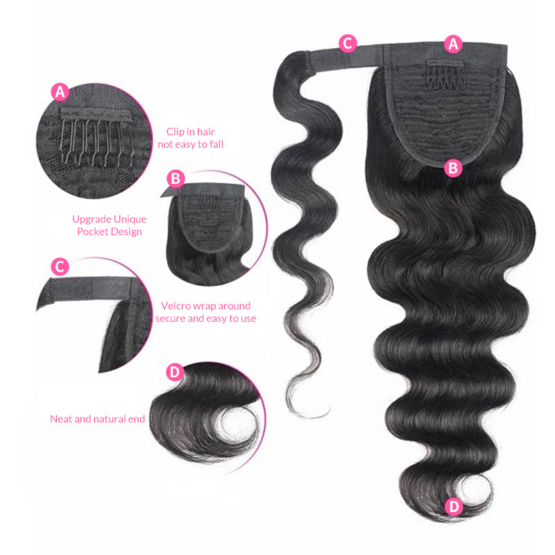 Body Wave 12A Warp Around Ponytails 100% Human Hair Ponytails