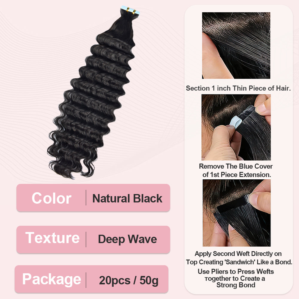 #1B Deep Wave Tape in Hair  Extensions 20pcs 50g/pack Seamless Skin Weft Hair | 100% Human Hair | BORUIHAIR