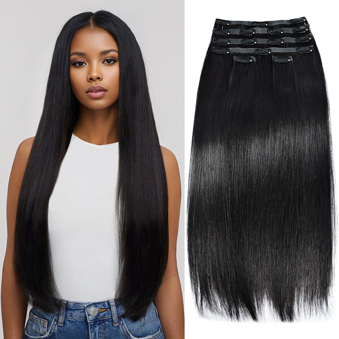#1B Straight |6Pcs 100g | PU Seamless Clip ins Hair | 100% Human Hair | boruihair