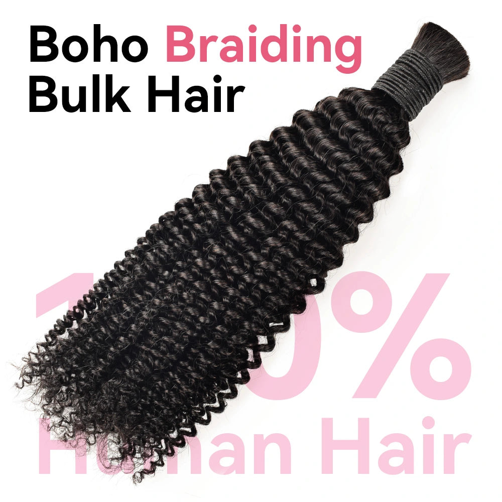 #1B Natural Black Boho Braids Kinky Curly No Weft Bulk Hair for Human Hair BORUIHAIR