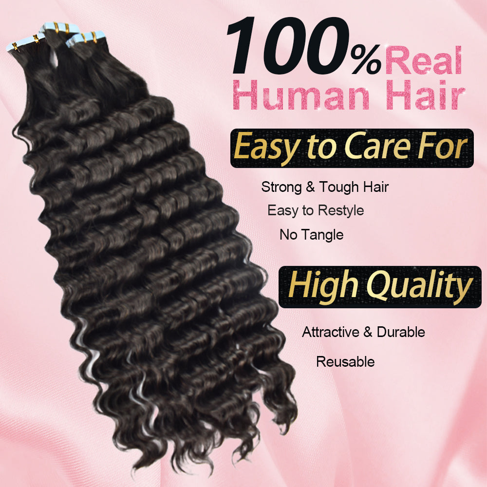 #1B Deep Wave Tape in Hair  Extensions 20pcs 50g/pack Seamless Skin Weft Hair | 100% Human Hair | BORUIHAIR