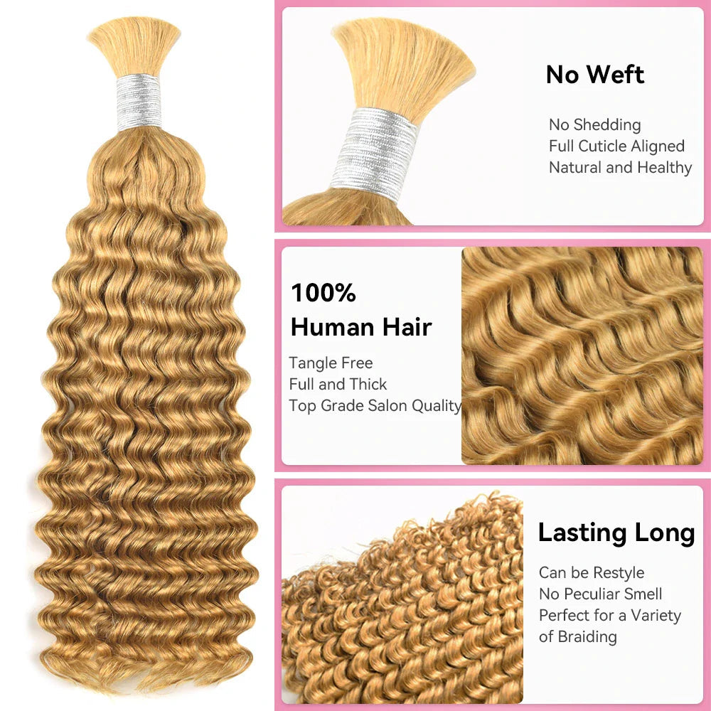 #27 Honey Blonde Deep Wave Hair Bulk | For Braiding | 100% Human Hair | BORUIHAIR