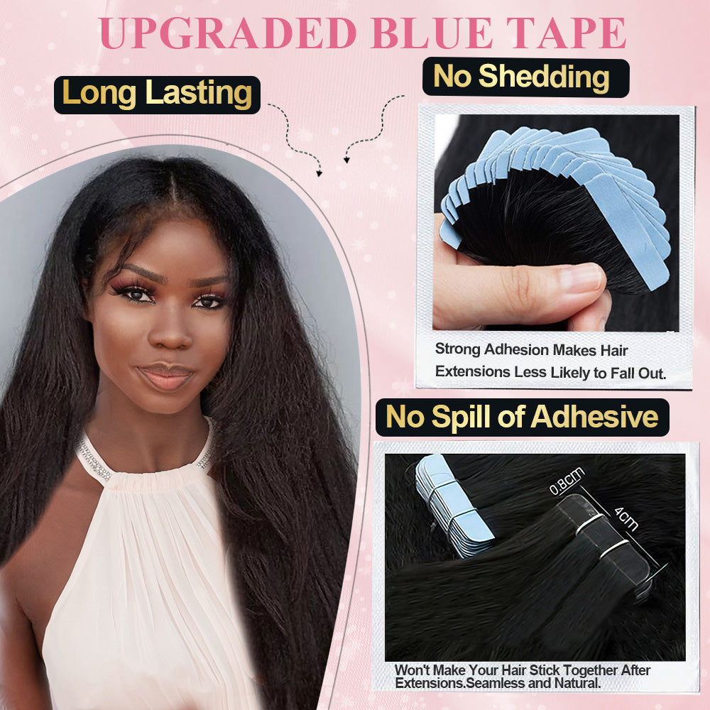 #1B Kinky Straight Tape in Hair Extensions 20pcs 50g/pack Seamless Skin Weft Hair | 100% Human Hair | BORUIHAIR