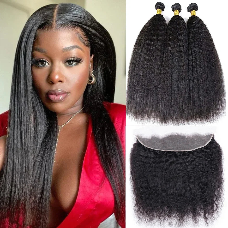 Kinky Straight 3PCS Bundles & 1PC 13x6 Lace Frontal | Transparent & HD Lace | 100% Human Hair | Top Virgin Hair