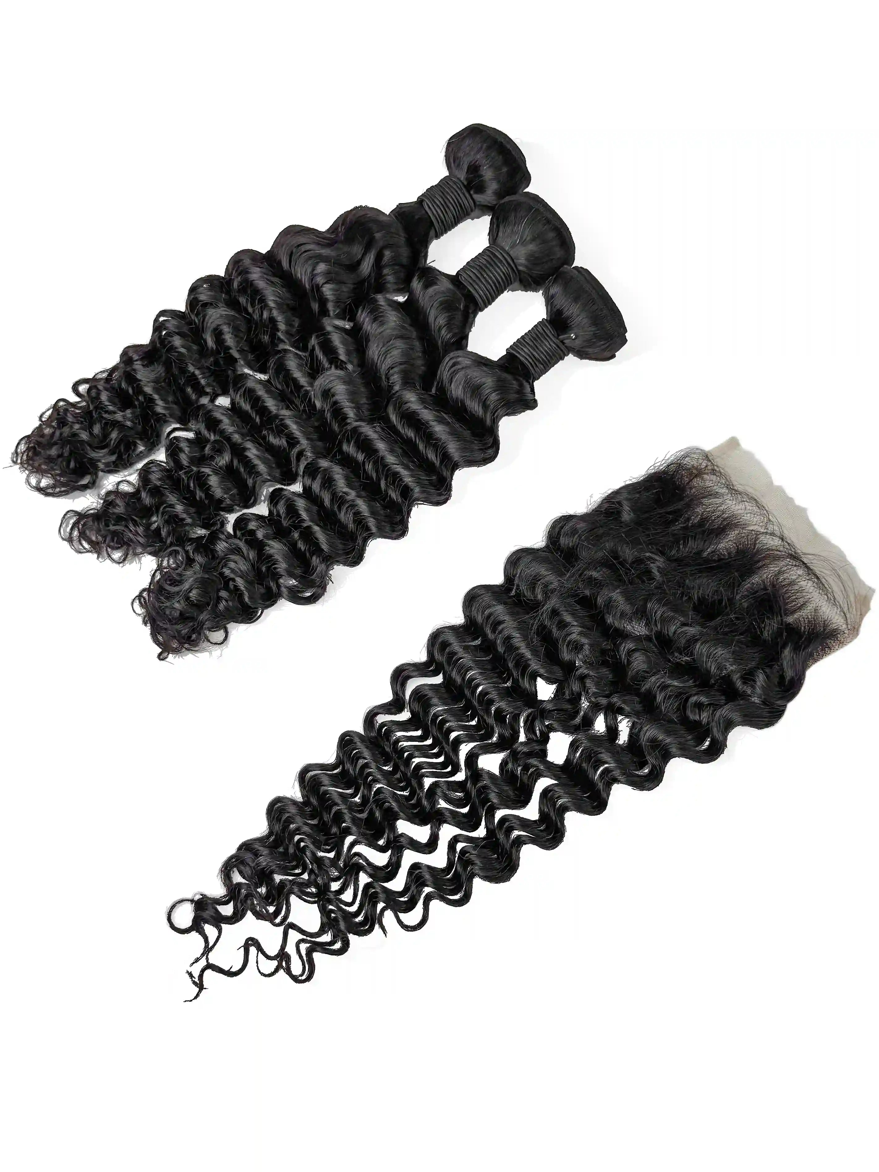 Deep Wave 3PCS Bundles & 1PC 5x5 Lace Closure | Transparent & HD Lace | 100% Human Hair | Top Virgin Hair