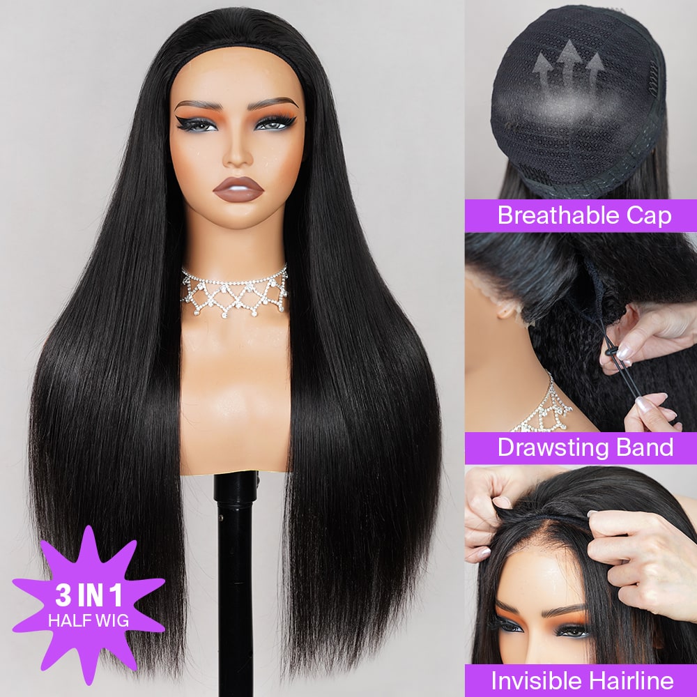 Straight | Virgin Hair | Wear & Go Half Wig | 3 In 1 Wig No Glue Half Wig | 100% Human Hair