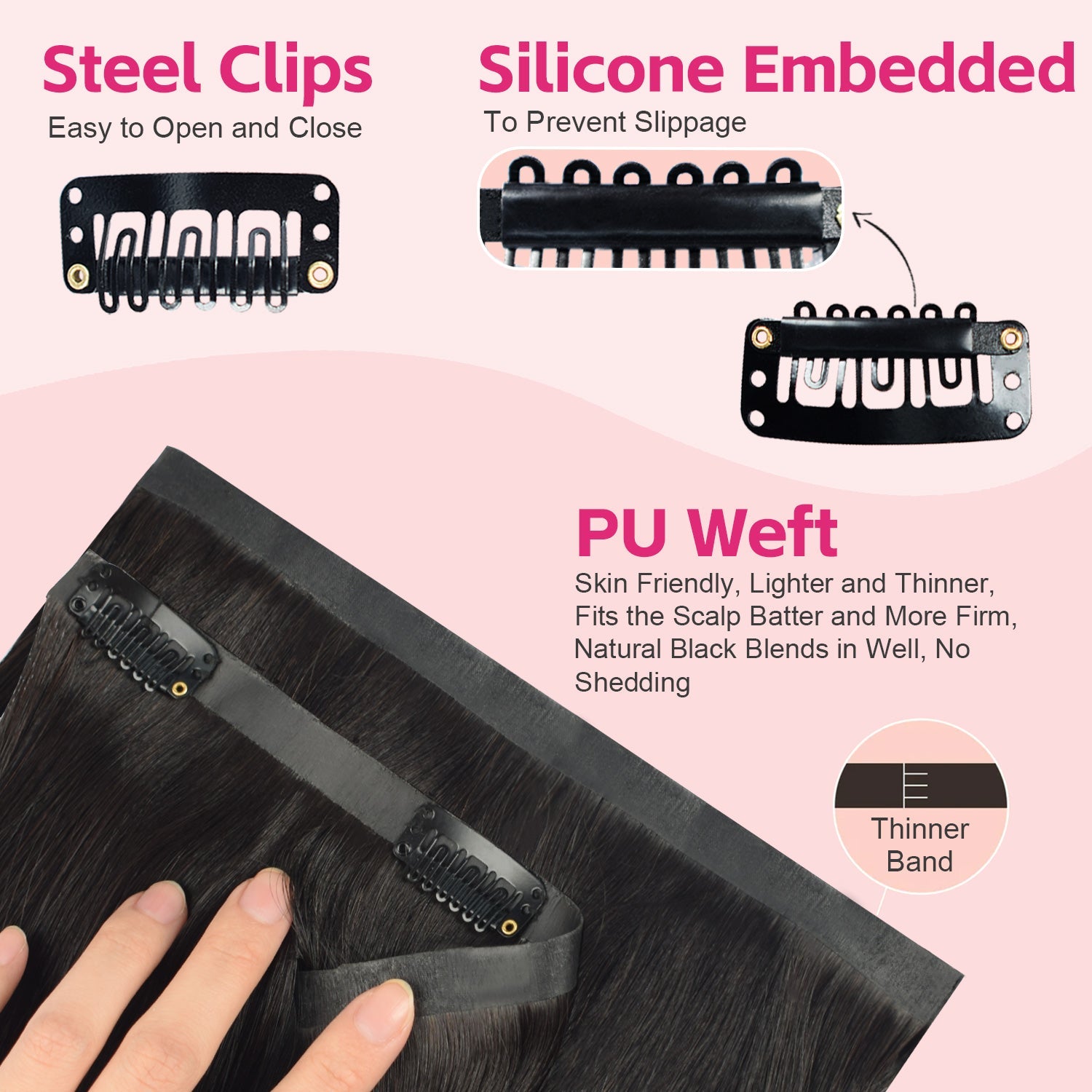 #1B Straight |6Pcs 100g | PU Seamless Clip ins Hair | 100% Human Hair | boruihair