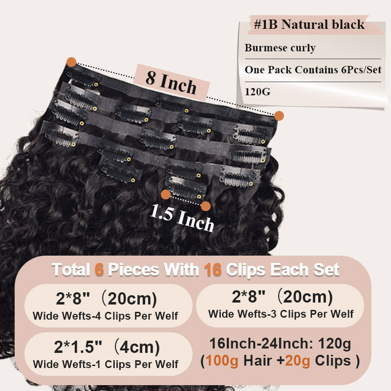 #1B Burmese Curly | Clip in Hair | 6Pcs 100g | PU Seamless Clip ins | Extensions Real Human Hair | boruihair