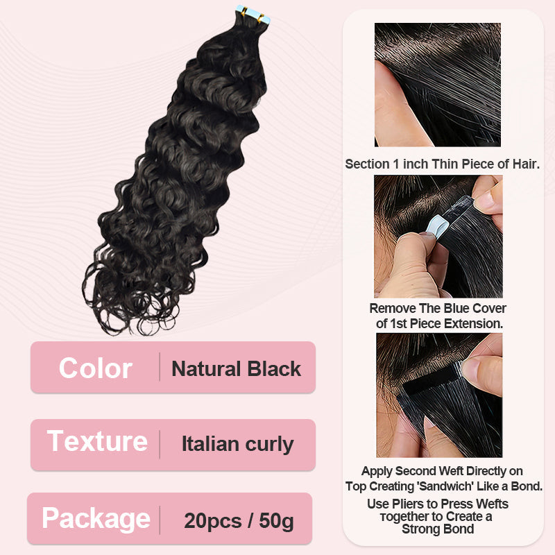 #1B Italian Curly Tape in Hair  Extensions 20pcs 50g/pack Seamless Skin Weft Hair | 100% Human Hair | BORUIHAIR