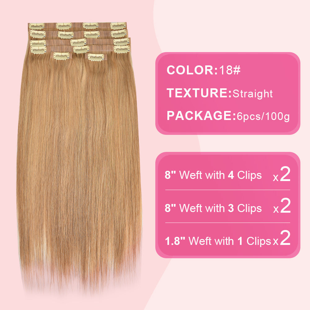 #18 Straight | Clip in Hair | 6Pcs 100g | PU Seamless Clip ins | Extensions Real Human Hair | boruihair