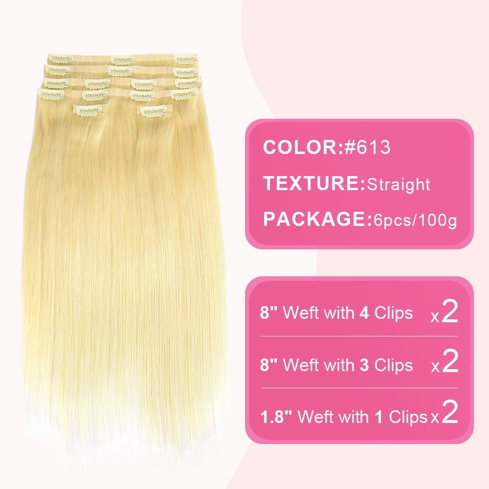 #613 Straight | Clip in Hair | 6Pcs 100g | PU Seamless Clip ins | Extensions Real Human Hair | boruihair