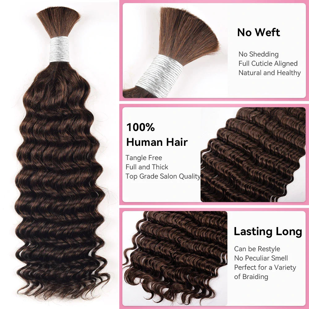 #2 Dark Brown Deep Wave Hair Bulk | For Braiding | 100% Human Hair | BORUIHAIR