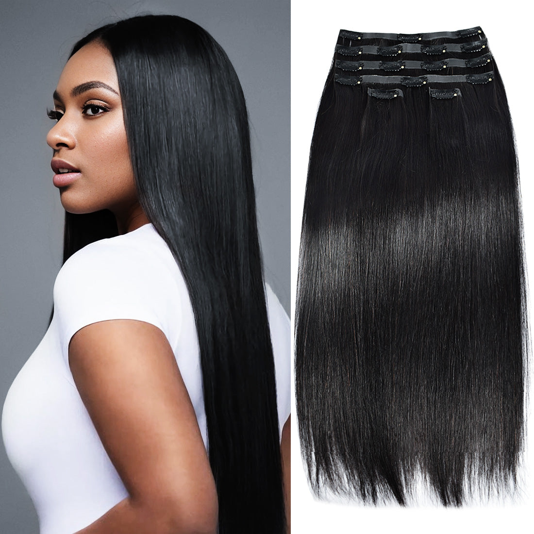#1B Straight |6Pcs 100g | PU Seamless Clip ins Hair | 100% Human Hair | boruihair